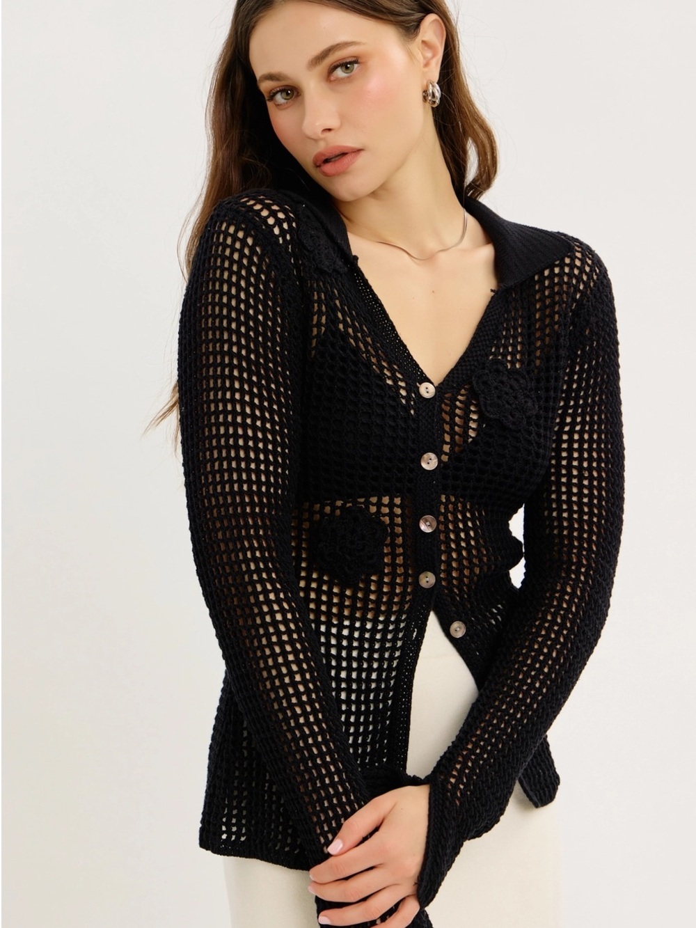 NWT Black Crochet Button-Front Flower Net Cardigan